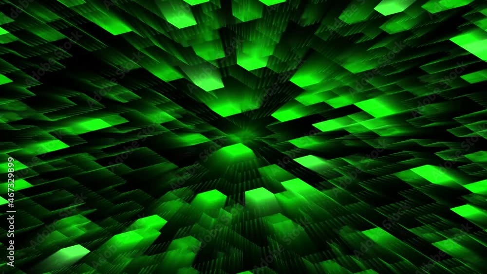 Abstract graphic animation in green design - movement of glowing random blocks in changing colors on different planes focusing towards into the center Abstract graphic animation in green design - movement of glowing random blocks in changing colors on different planes focusing towards into the center