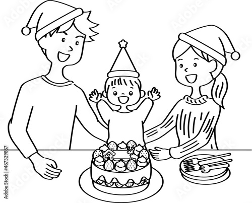 家族でお祝い・誕生日会・クリスマス/This is an illustration of a family celebration. It is an illustration of a birthday party. It is an illustration of Christmas.