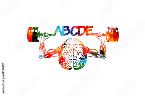 Train your brain with barbell. Brain exercise, memory and cognitive improvement, mental workout, brain power, willpower vector. Colorful design for education, knowledge, creativity and brainstorming