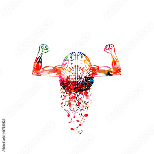 Train your brain concept. Brain exercise, memory and cognitive improvement, mental workout, brain power, willpower vector. Colorful design for education, knowledge, creativity and music