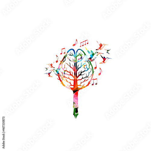 Colorful tree brain with pencil and musical notes isolated. Creative writing, composing music, education concept vector illustration