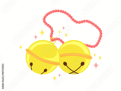 Jingle bells isolated. Two Christmas sleigh golden bells with chain and stars. Vector object illustration