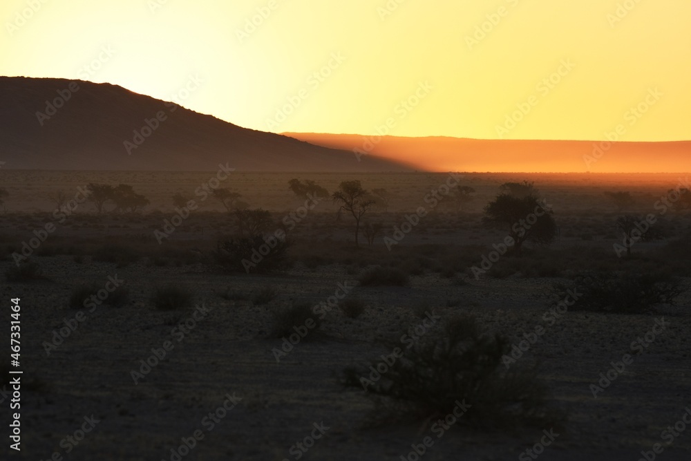 Abendstimmung: die Elimdüne erscheint im Licht der untergehenden Sonne bei Sesriem im Namib-Naukluft Nationalpark. Abendstimmung: die Elimdüne erscheint im Licht der untergehenden Sonne bei Sesriem im Namib-Naukluft Nationalpark.
