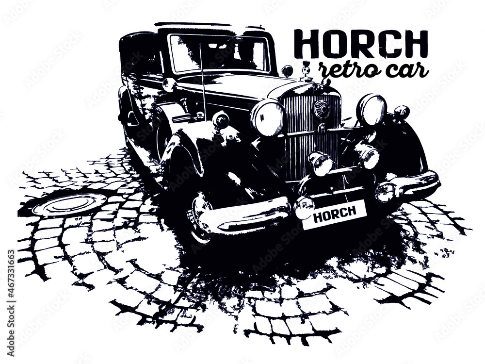 Retro car Horch. Classic vintage Car. Illustration of an old auto. Automobile. Vector silhouette of a car on the road