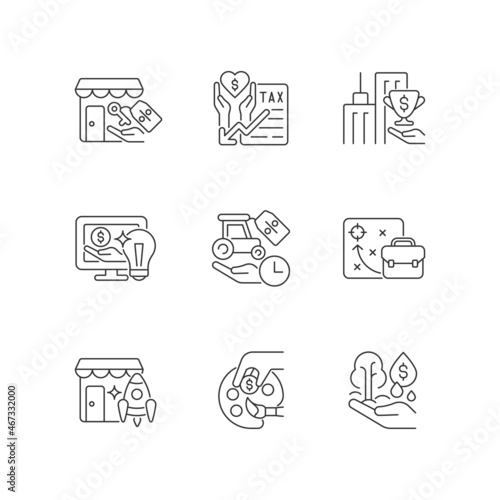 Small business financial support linear icons set. Tax payments deduction. Discounts, grants. Investing. Customizable thin line contour symbols. Isolated vector outline illustrations. Editable stroke