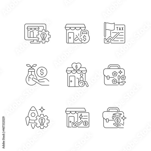 Small business development support linear icons set. Website creation. Financial grants. Investing. Customizable thin line contour symbols. Isolated vector outline illustrations. Editable stroke