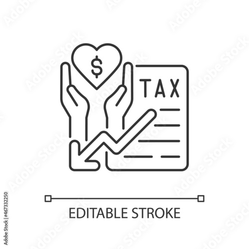 Tax reduction for charity linear icon. Taxation deduction when funding for charity. Thin line customizable illustration. Contour symbol. Vector isolated outline drawing. Editable stroke