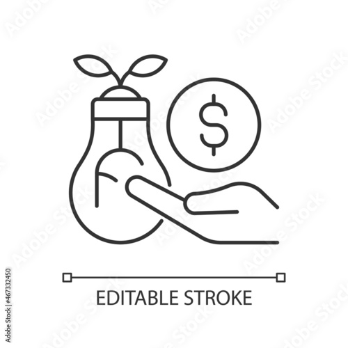 Angel investor tax credits linear icon. Small business incentive. Seed and private investor. Thin line customizable illustration. Contour symbol. Vector isolated outline drawing. Editable stroke