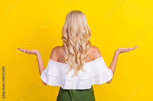 Rear back behind view portrait of gorgeous wavy-haired girl holding on palms copy space isolated over vivid yellow color background