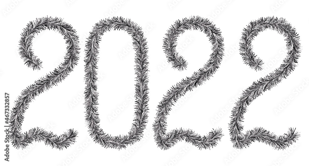 Tinsel. 2022. Lettering from a festive Christmas decoration. Fluffy numbers. Black color. Vector illustration. Isolated white background. Cute plush message. The coming year. Rustling lettering. Tinsel. 2022. Lettering from a festive Christmas decoration. Fluffy numbers. Black color. Vector illustration. Isolated white background. Cute plush message. The coming year. Rustling lettering.