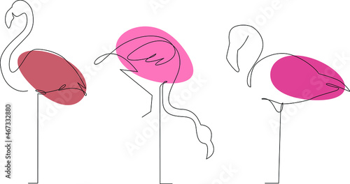 
Flamingo one line drawing with colored shapes. Tropical birds set