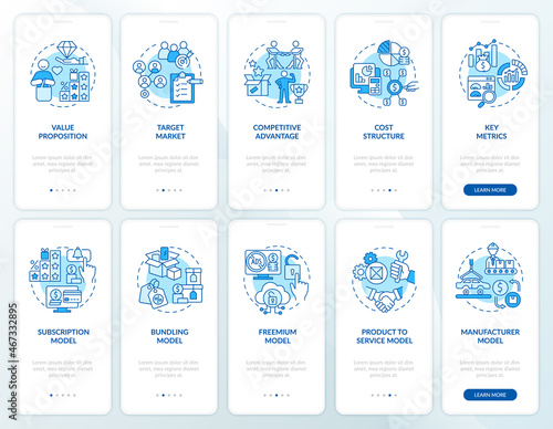Business blue onboarding mobile app page screen set. Company structure. Enterprise walkthrough 5 steps graphic instructions with concepts. UI, UX, GUI vector template with linear color illustrations