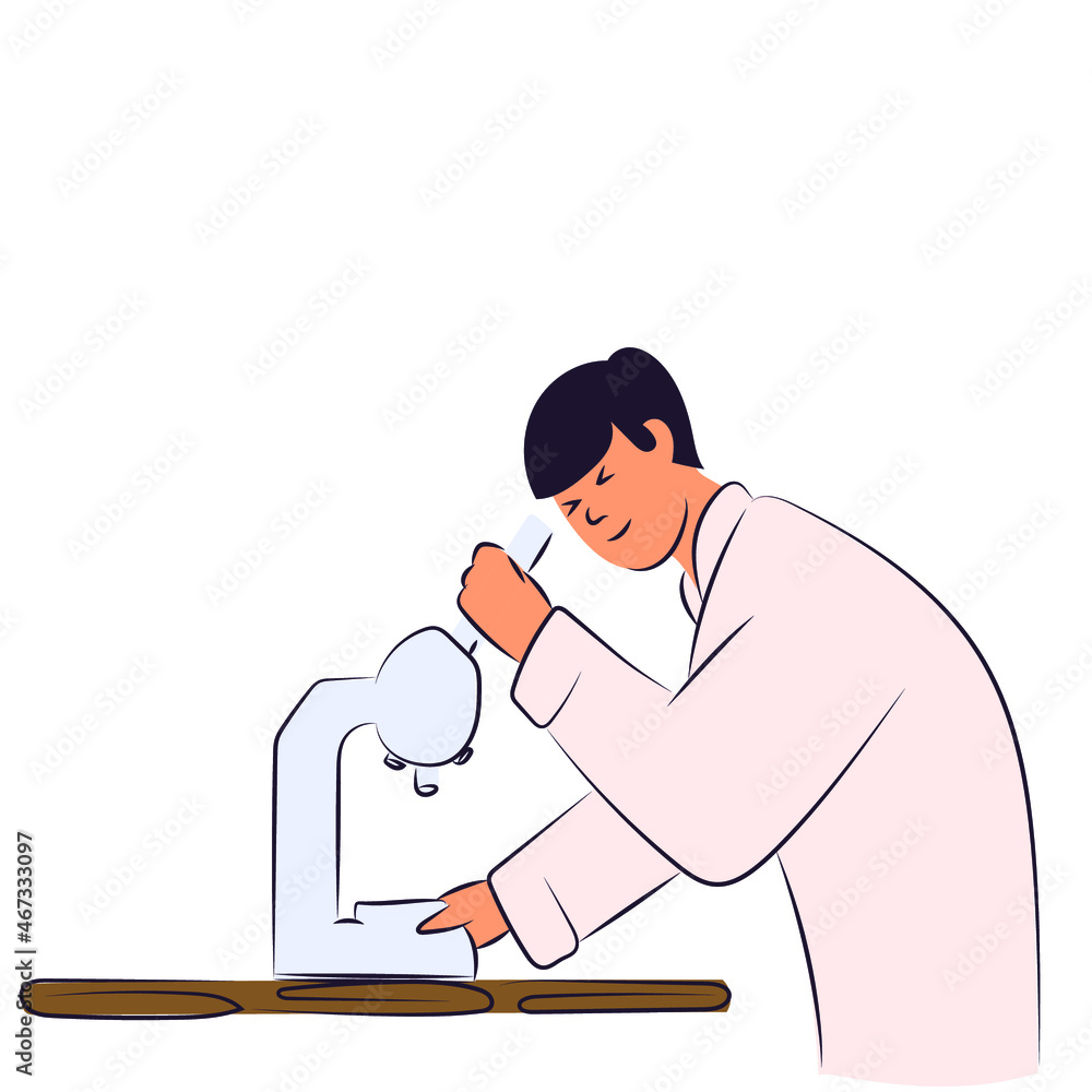 Scientist with microscope at lab research. Doctor with equipment during medical laboratory analysis, science test. Medicine discovery concept. Flat vector illustration isolated on white background Scientist with microscope at lab research. Doctor with equipment during medical laboratory analysis, science test. Medicine discovery concept. Flat vector illustration isolated on white background
