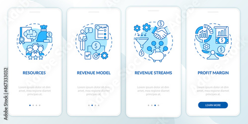 Business model essentials blue onboarding mobile app page screen. Company finance walkthrough 4 steps graphic instructions with concepts. UI, UX, GUI vector template with linear color illustrations