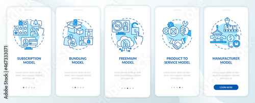 Types of business models blue onboarding mobile app page screen. Commerce walkthrough 5 steps graphic instructions with concepts. UI, UX, GUI vector template with linear color illustrations