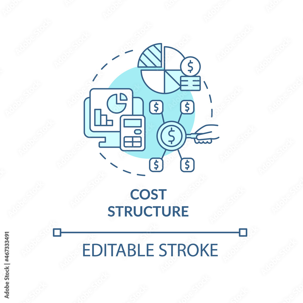 Cost structure blue concept icon. Analysing revenue streams and company expenses. Business model abstract idea thin line illustration. Vector isolated outline color drawing. Editable stroke Cost structure blue concept icon. Analysing revenue streams and company expenses. Business model abstract idea thin line illustration. Vector isolated outline color drawing. Editable stroke