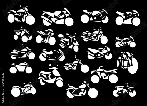 Line-art vector illustrations of motorbikes