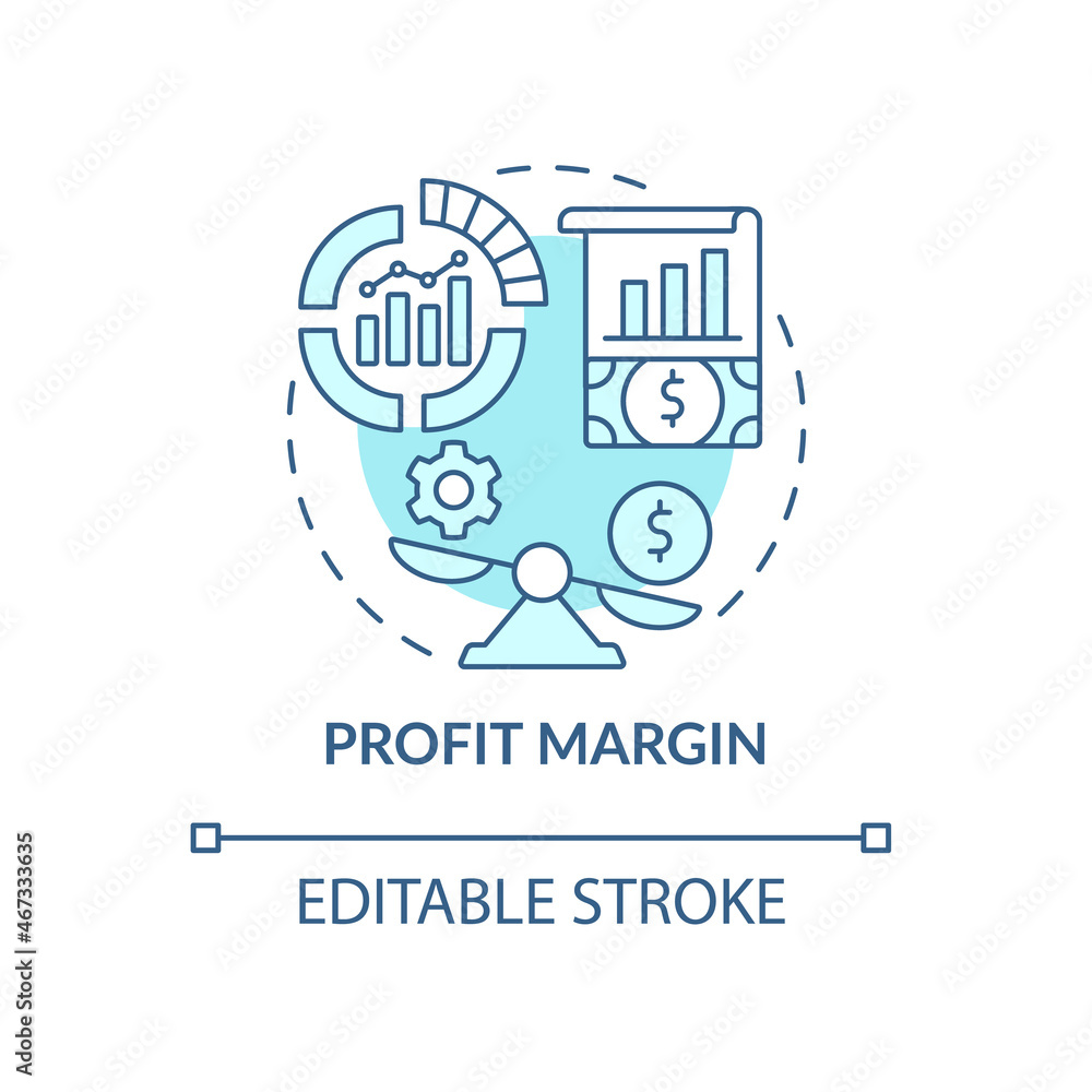 Profit margin blue concept icon. Calculating revenue. Financial gain. Earnings from service. Business model abstract idea thin line illustration. Vector isolated outline color drawing. Editable stroke Profit margin blue concept icon. Calculating revenue. Financial gain. Earnings from service. Business model abstract idea thin line illustration. Vector isolated outline color drawing. Editable stroke