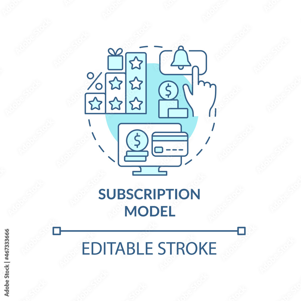 Subscription model blue concept icon. Purchase online content. Monthly fee for software. Business model abstract idea thin line illustration. Vector isolated outline color drawing. Editable stroke Subscription model blue concept icon. Purchase online content. Monthly fee for software. Business model abstract idea thin line illustration. Vector isolated outline color drawing. Editable stroke