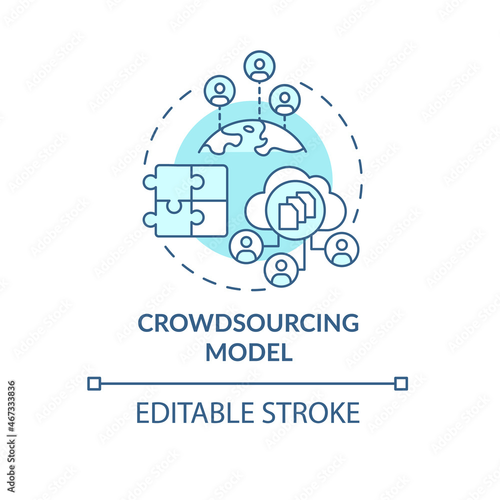 Crowdsourcing model blue concept icon. Crowdfunding project. Community investment. Business model abstract idea thin line illustration. Vector isolated outline color drawing. Editable stroke Crowdsourcing model blue concept icon. Crowdfunding project. Community investment. Business model abstract idea thin line illustration. Vector isolated outline color drawing. Editable stroke
