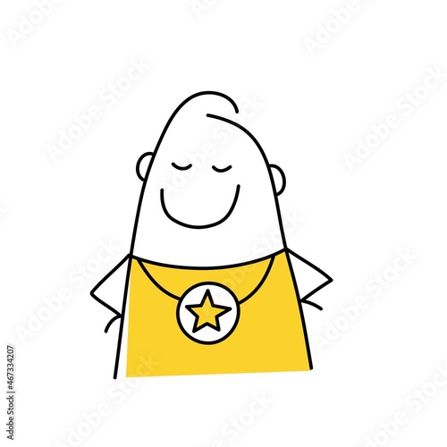 Stick man champion with the medal. Award of victory, competition, winning, success.