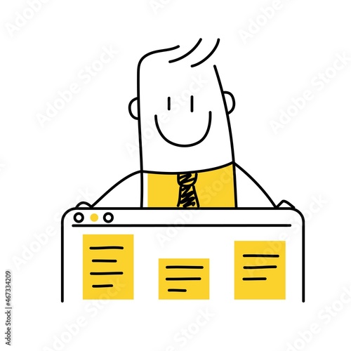 Stick man manager is standing near the dashboard on the laptop screen.