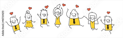 Group of happy stick figures in love jumping and enjoying the holiday with hearts around.