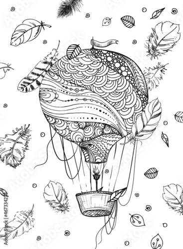 Hand drawn sketch black and white coloring page vertical of vintage air balloon, feather. Vector illustration. Engraved style.