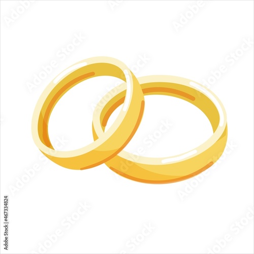 Gold wedding rings. Vector isolated on white background. Cartoon style. Symbol of marriage, engagement.
