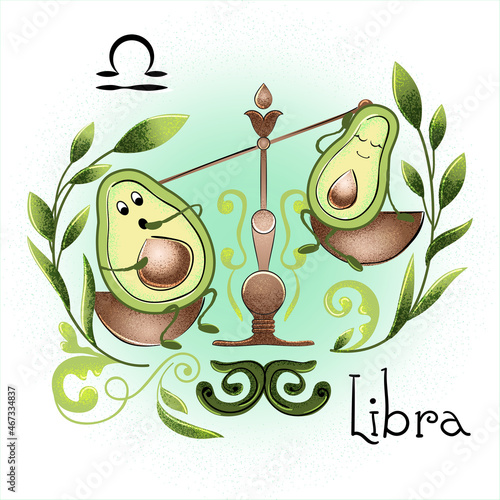 Astrological sign of the zodiac Libra. Vector funny avocado character. Zodiac characteristics. Zodiac signs stylized as an avocado
