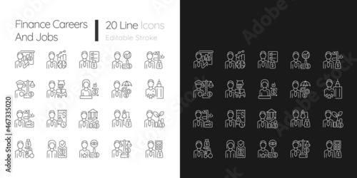 Finance careers and jobs linear icons set for dark and light mode. Management experts. Business field employees. Customizable thin line symbols. Isolated vector outline illustrations. Editable stroke