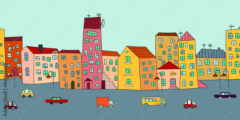 Cute cartoon colored city. Seamless ribbon border. Vector illustration. Wallpaper for child.