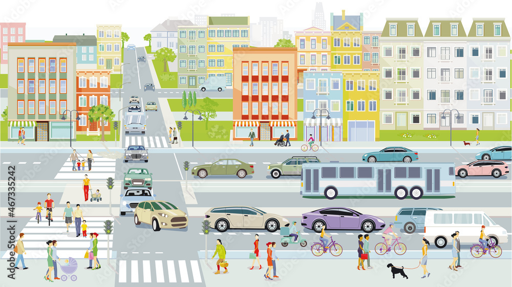 Stadt mit Fußgänger und Straßenverkehr, Illustration
