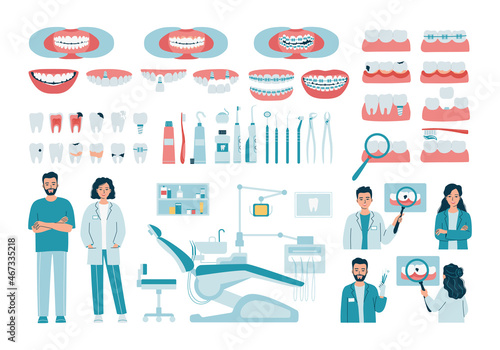 Large dental set. Dentistry tool and equipment, dentist, orthodontist man and woman. Caries, tartar, implants, braces, bad tooth. Oral cavity care, clean healthy teeth. Flat vector illustration.