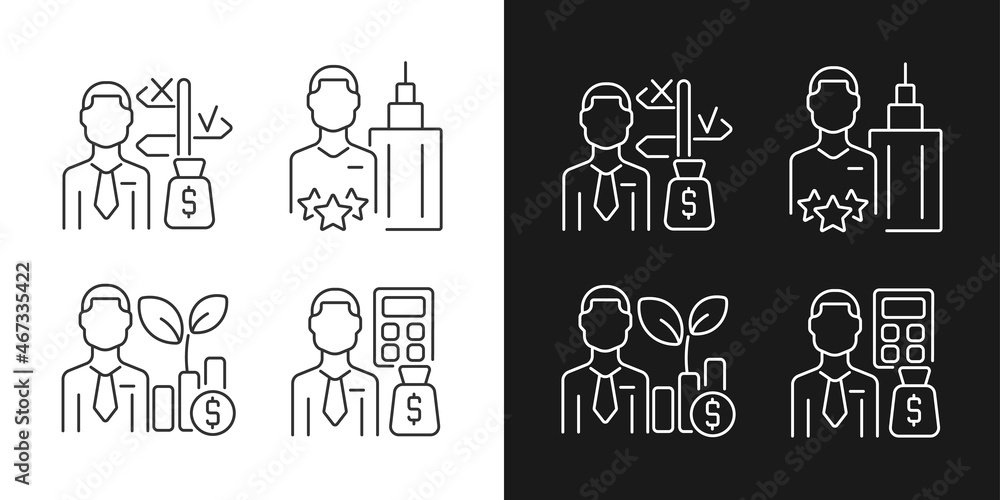Financial field experts linear icons set for dark and light mode. Asset fund managers. Budget analysts. Customizable thin line symbols. Isolated vector outline illustrations. Editable stroke Financial field experts linear icons set for dark and light mode. Asset fund managers. Budget analysts. Customizable thin line symbols. Isolated vector outline illustrations. Editable stroke