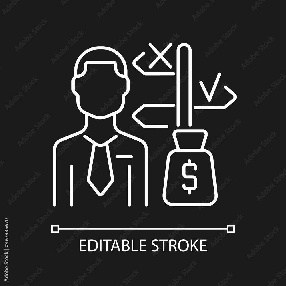 Asset manager white linear icon for dark theme. Specialist making investments. Stock market expert. Thin line customizable illustration. Isolated vector contour symbol for night mode. Editable stroke Asset manager white linear icon for dark theme. Specialist making investments. Stock market expert. Thin line customizable illustration. Isolated vector contour symbol for night mode. Editable stroke