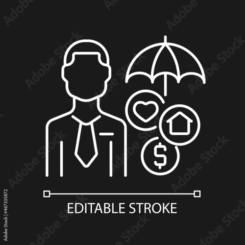 Insurance agent white linear icon for dark theme. Life, health and property insurance seller. Thin line customizable illustration. Isolated vector contour symbol for night mode. Editable stroke