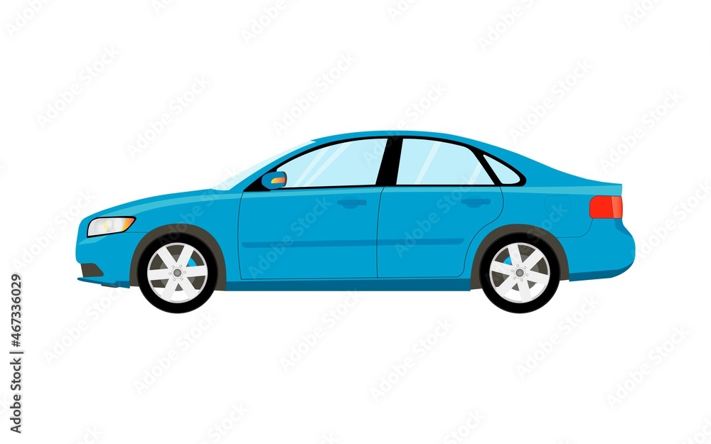 The passenger car is blue. Sedan. Vector illustration.
