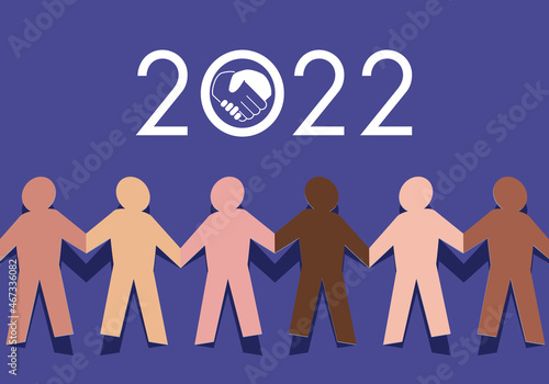 Carte de vœux 2022, sur le concept de la fraternité entre les races, avec le symbole de gens d’origines ethniques différentes, qui se donnent la main pour lutter contre le racisme.