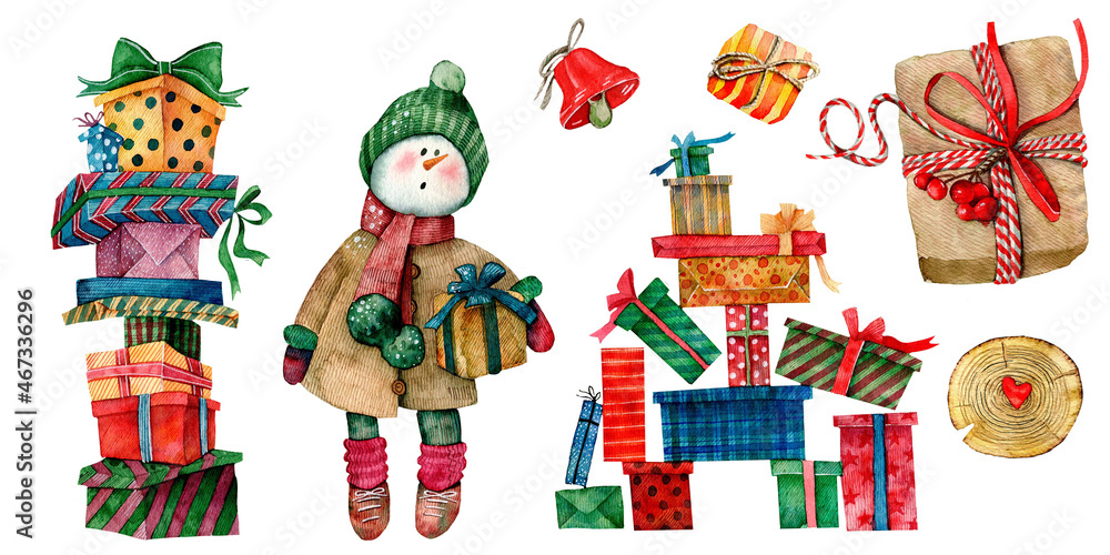 Naklejka premium watercolor set with a snowman, gifts, bell on a white background for creating New Year cards, winter holiday textures