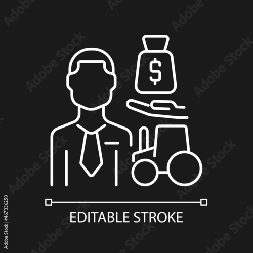 Agricultural lender white linear icon for dark theme. Agricultural loan officer. Credit provider. Thin line customizable illustration. Isolated vector contour symbol for night mode. Editable stroke