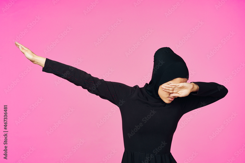 muslim woman in black hijab posing hand gesture model muslim woman in black hijab posing hand gesture model
