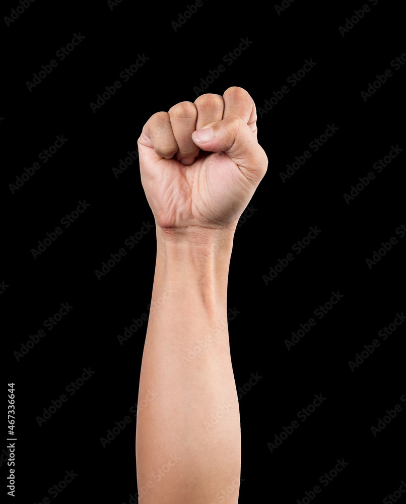 Human strength hand sign on black background Stock Photo | Adobe Stock