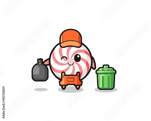 the mascot of cute swirl lollipop as garbage collector