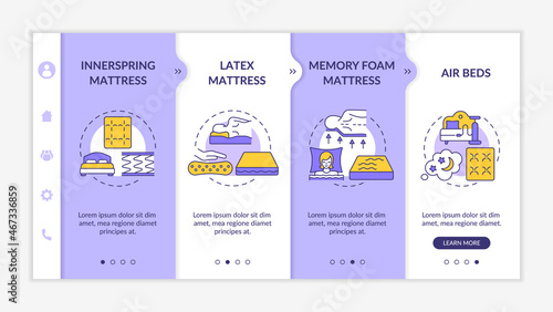 Common mattress types onboarding vector template. Responsive mobile website with icons. Web page walkthrough 4 step screens. Choosing comfortable bed color concept with linear illustrations