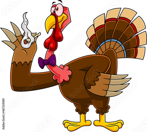 Funny Turkey Bird Cartoon Characters Smoking A Joint. Vector Hand Drawn Illustration Isolated On White Background