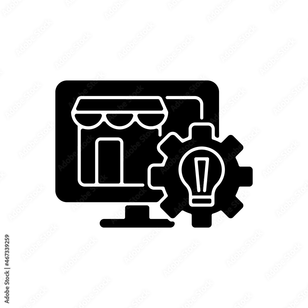 Website creation black glyph icon. Small business development. Online marketplace. Company growth strategy. Promotional plan for startup. Silhouette symbol on white space. Vector isolated illustration