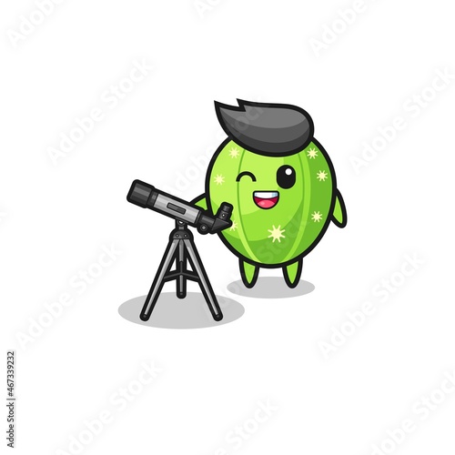 cactus astronomer mascot with a modern telescope