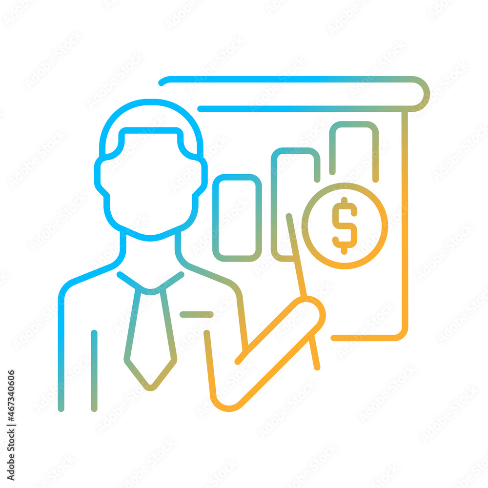Business teacher gradient linear vector icon. Administration and management educator. Business trainer. Thin line color symbol. Modern style pictogram. Vector isolated outline drawing