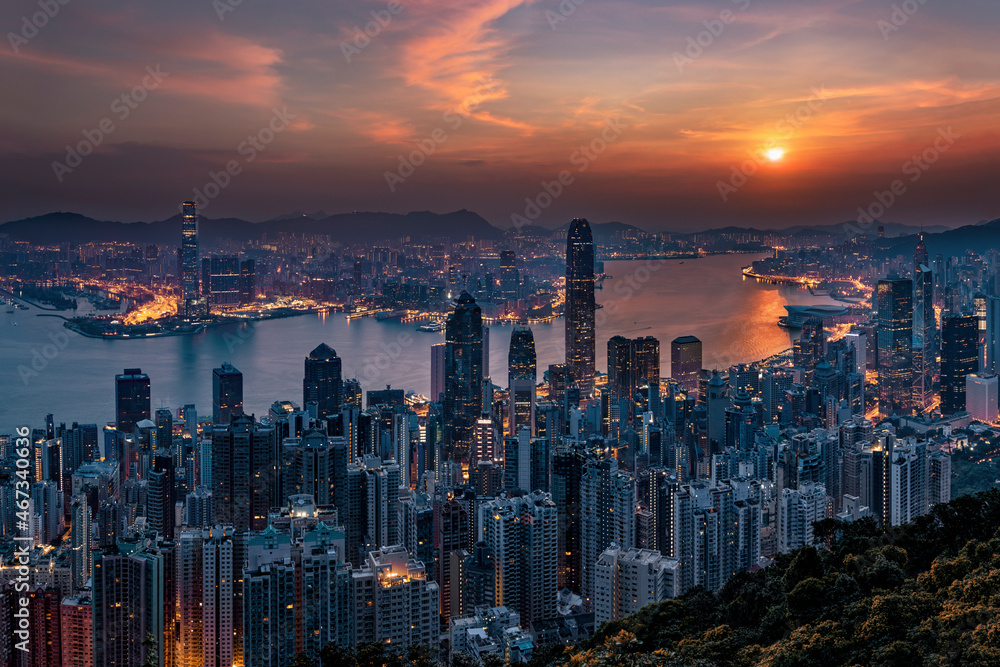 Hongkong Panorama während Sonnenaufgang